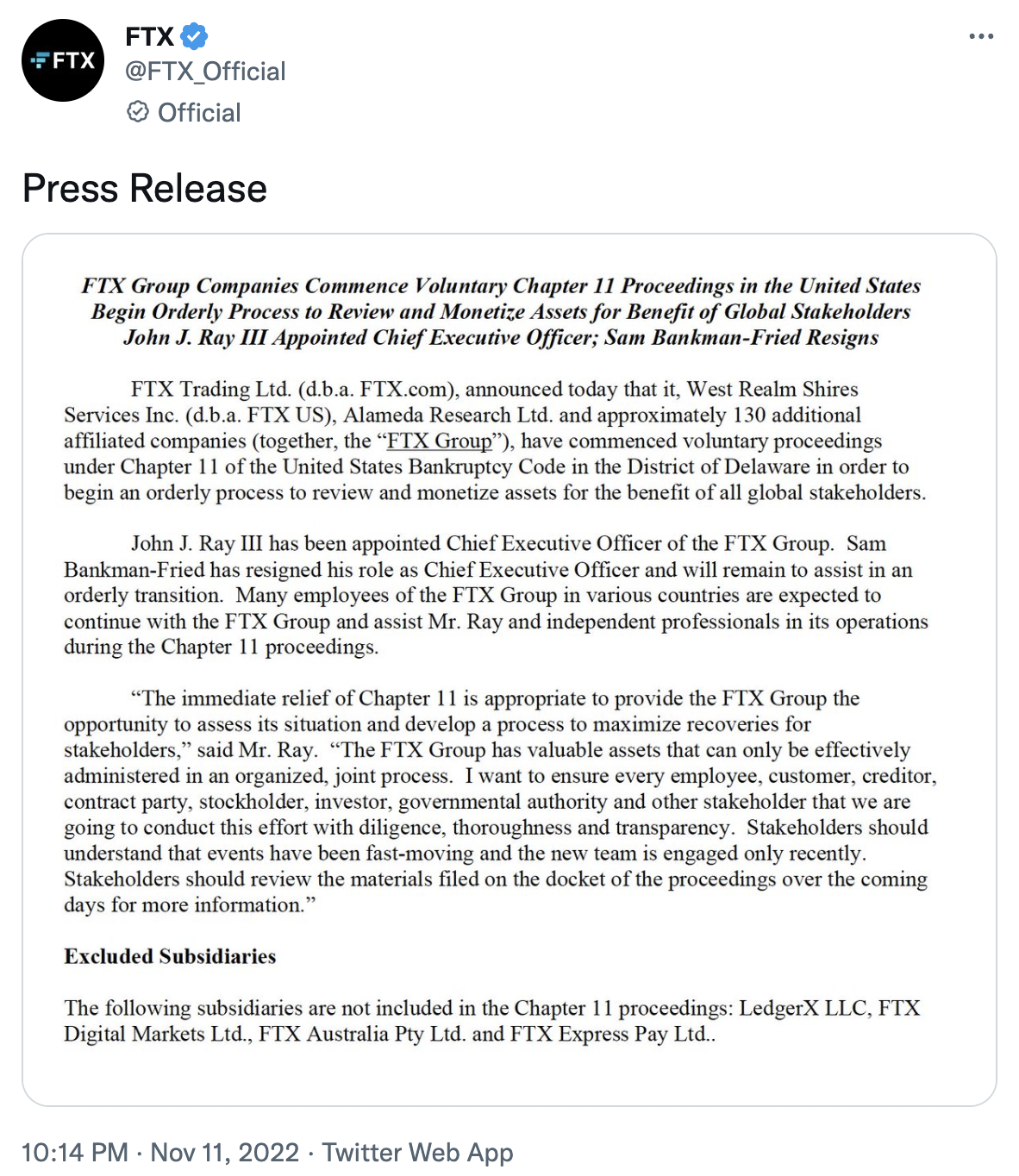 快訊：FTX宣告行使破產第11章公司重組，執行長SBF辭職John J.Ray III繼任